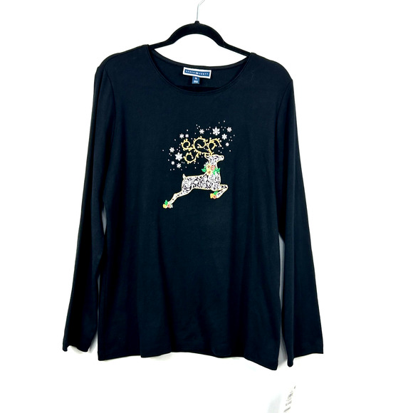 Karen Scott Sweater Womens XLarge Black Long Sleeve Reindeer Graphic Holiday - Picture 1 of 8
